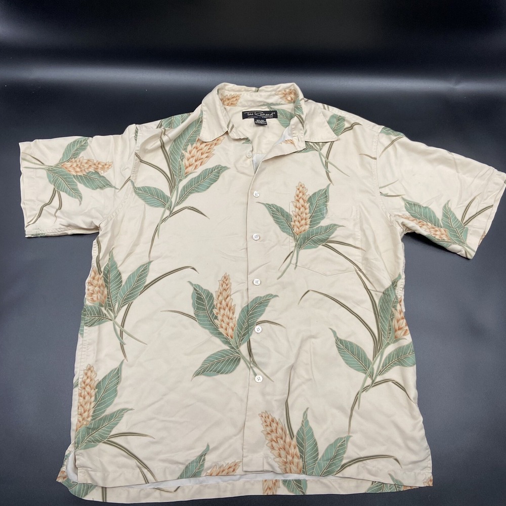 Tori Richard Honolulu Hawaiian Shirt Mens Size L 100% Silk Hawaiian Flowers EUC